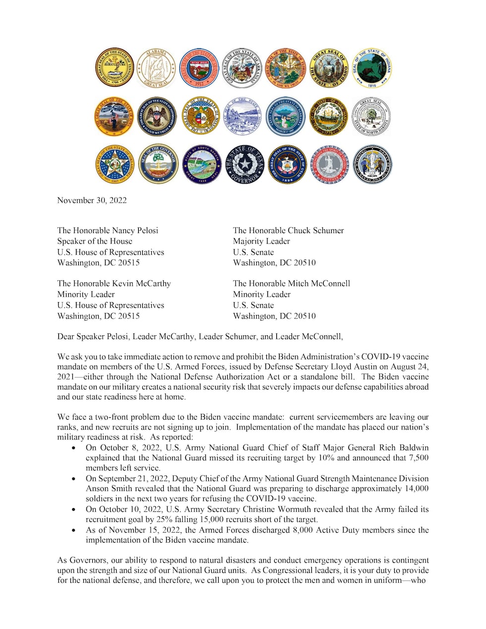 Letter to congressional leaders about military COVID vaccine mandate (part 1)