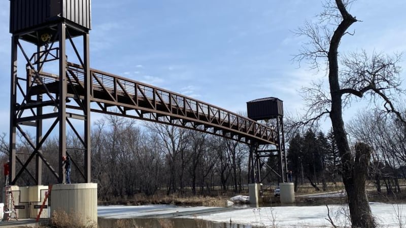 The pedestrian lift bridge connects Lindenwood Park in Fargo with Gooseberry Park in Moorhead.